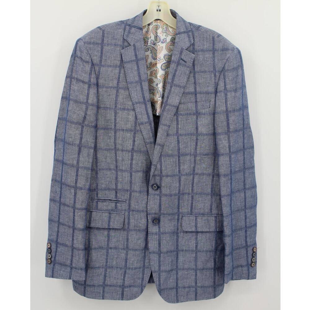 TALLIA Blazer Sport Coat Windowpane Check Linen Blend Blue Mens 40L